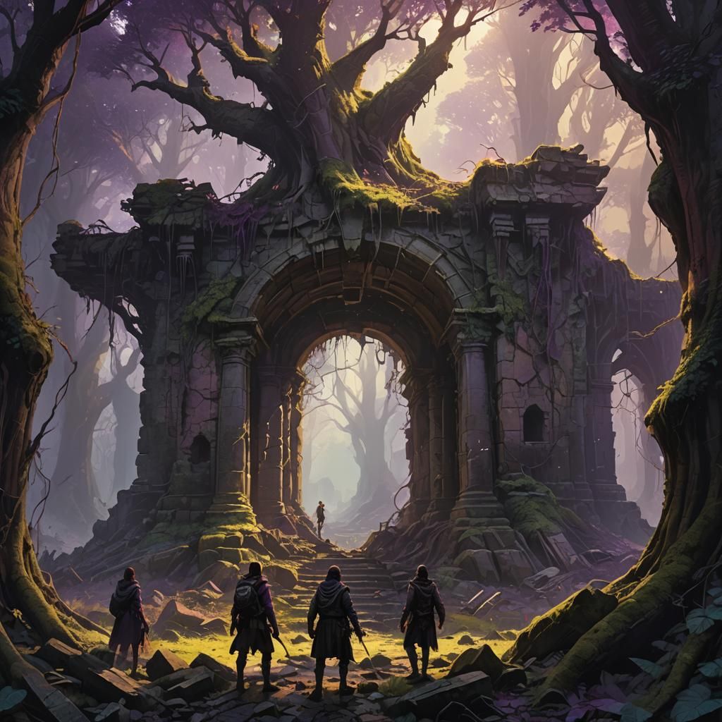 Fantasy Adventurers in Shattered Ruin Forest