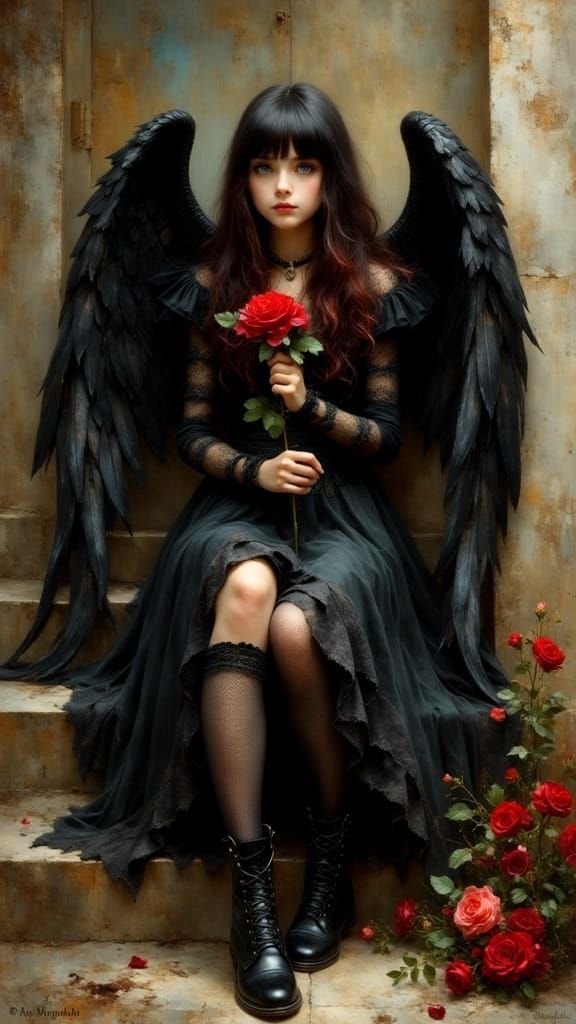 Surreal Pre Raphaelite Girl with Angel Wings in Black and Re...
