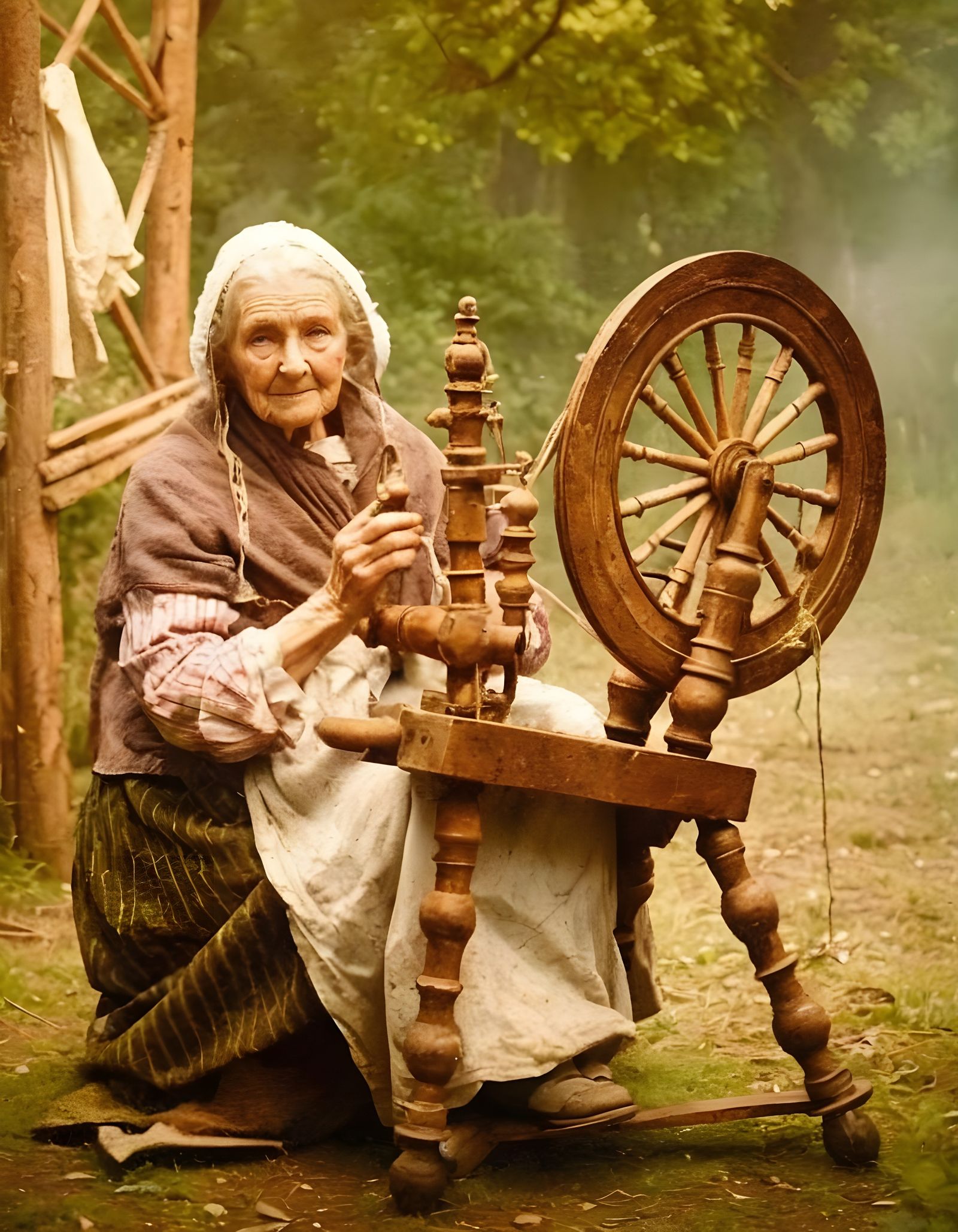 Elderly Irish Woman at Spinning Wheel: Cinematic Film Still