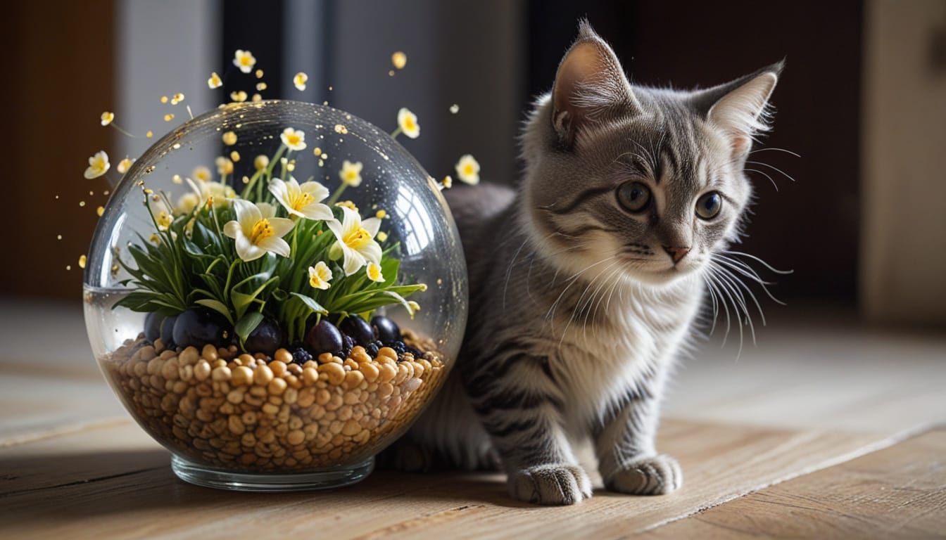 Double Exposure Kitten on Crescent Moon