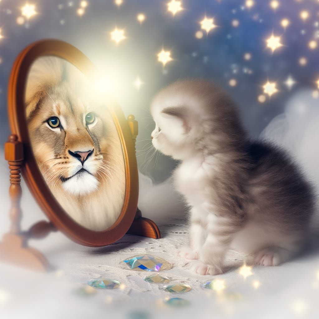 Kitten's Mirrored Lion: Dreamy Strength and Wisdom