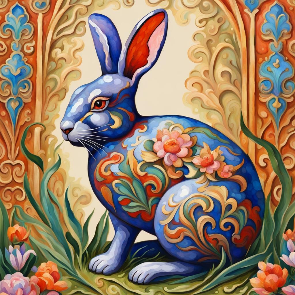 Ornate Bunny Cloisonné in Gouache Style