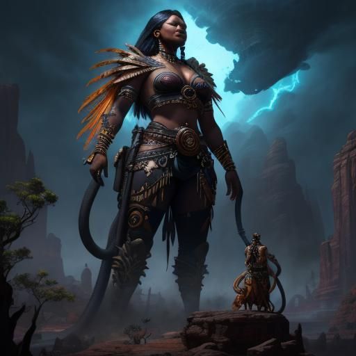 Aboriginal Woman and Hovering Black God