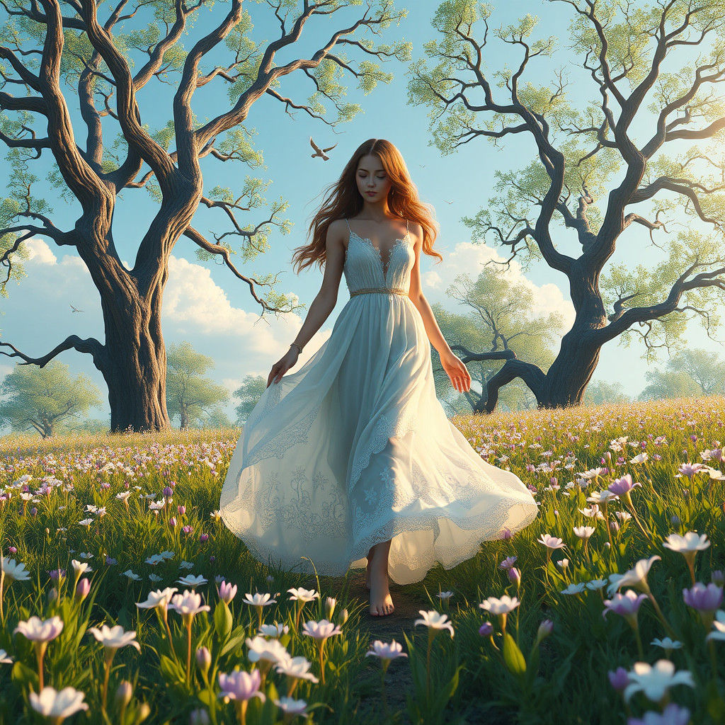 Woman in Violet Meadow, Fantasy Concept Art