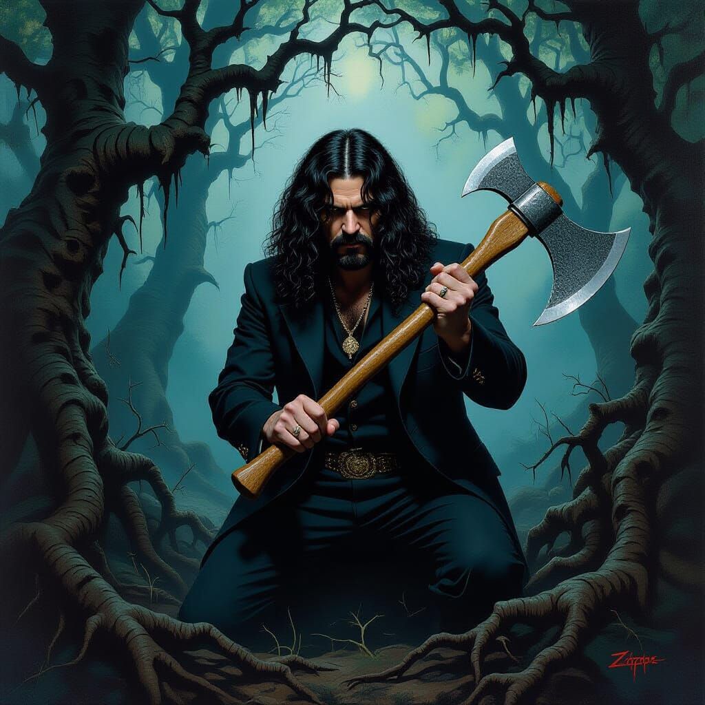 Frank Zappa Wields Axe in Dark Surreal Forest