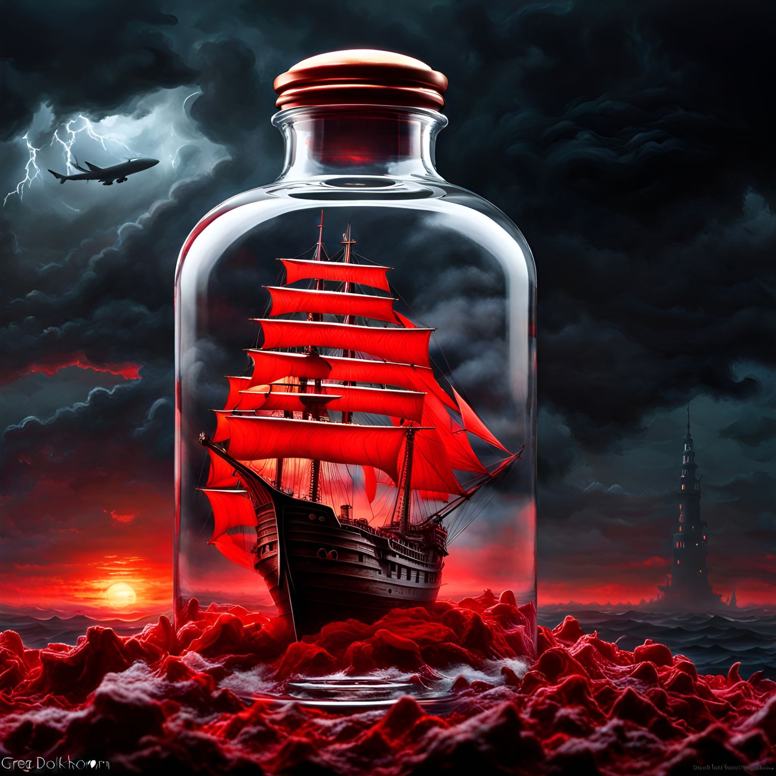 A Red Pirate Ship Inside An Old Rum Bottle
