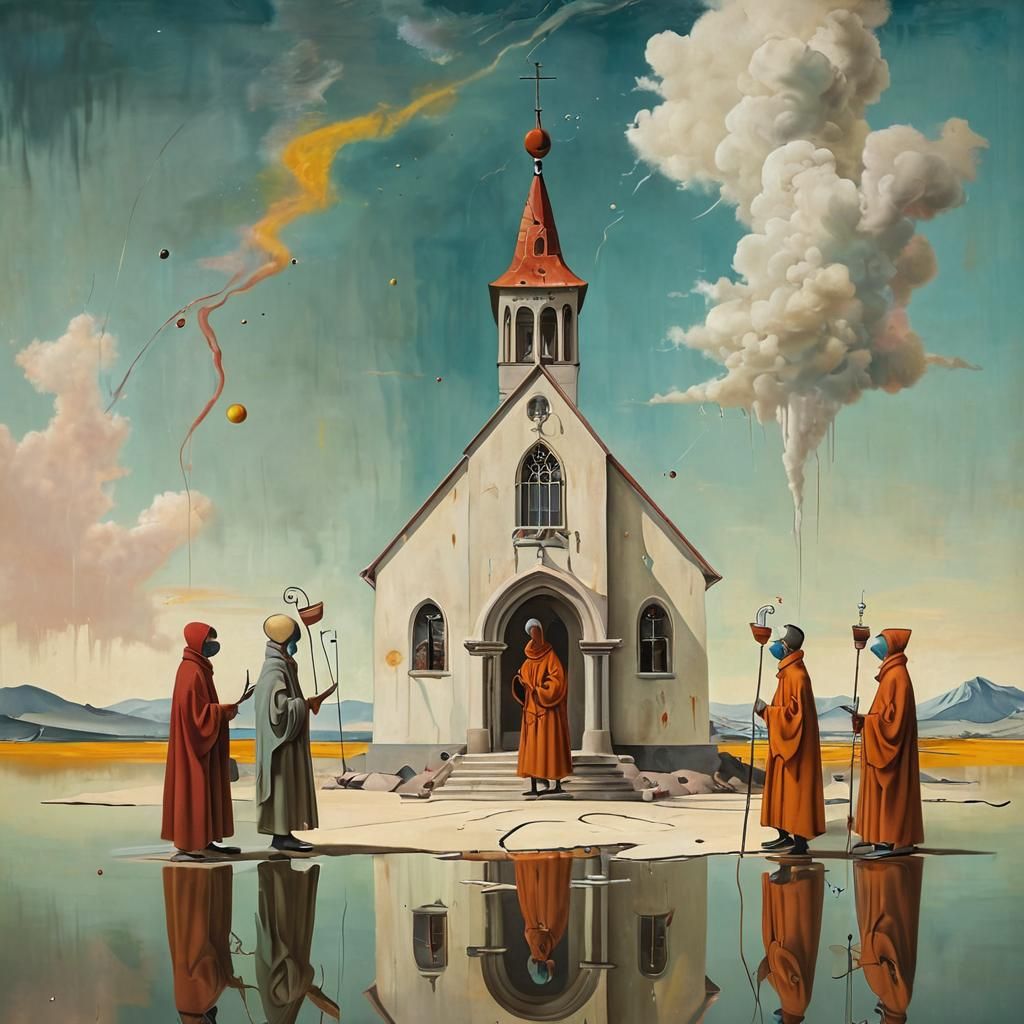 Whimsical Surreal Monks Singing in Church