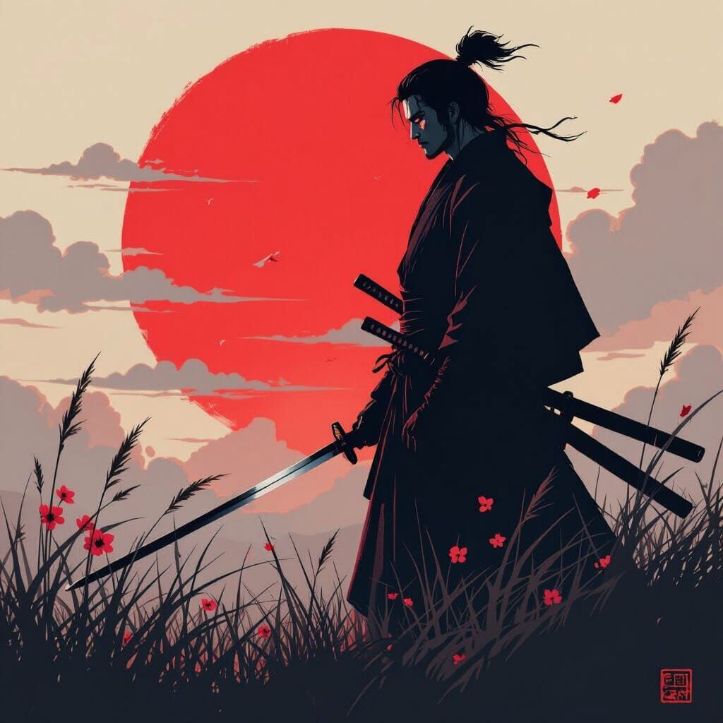 Samurai Silhouette at Sunset: Ukiyo-e Style