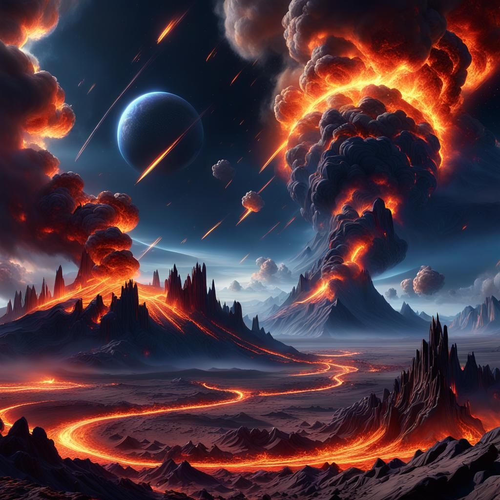 Apocalyptic Meteor Shower Over Burning Landscape
