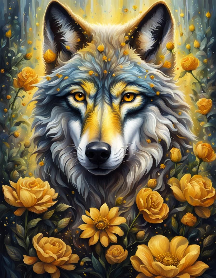 Wolf Portrait in Flower Rain: Detailed Oil Painting