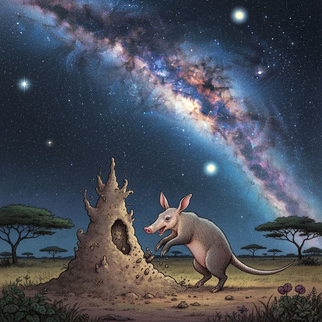 Whimsical Aardvark Digs Termite Mound Under Starry Sky
