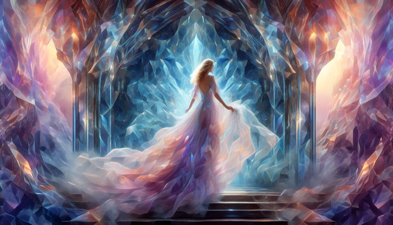 Crystalline Princess Enters Magical Portal in Cubism Style