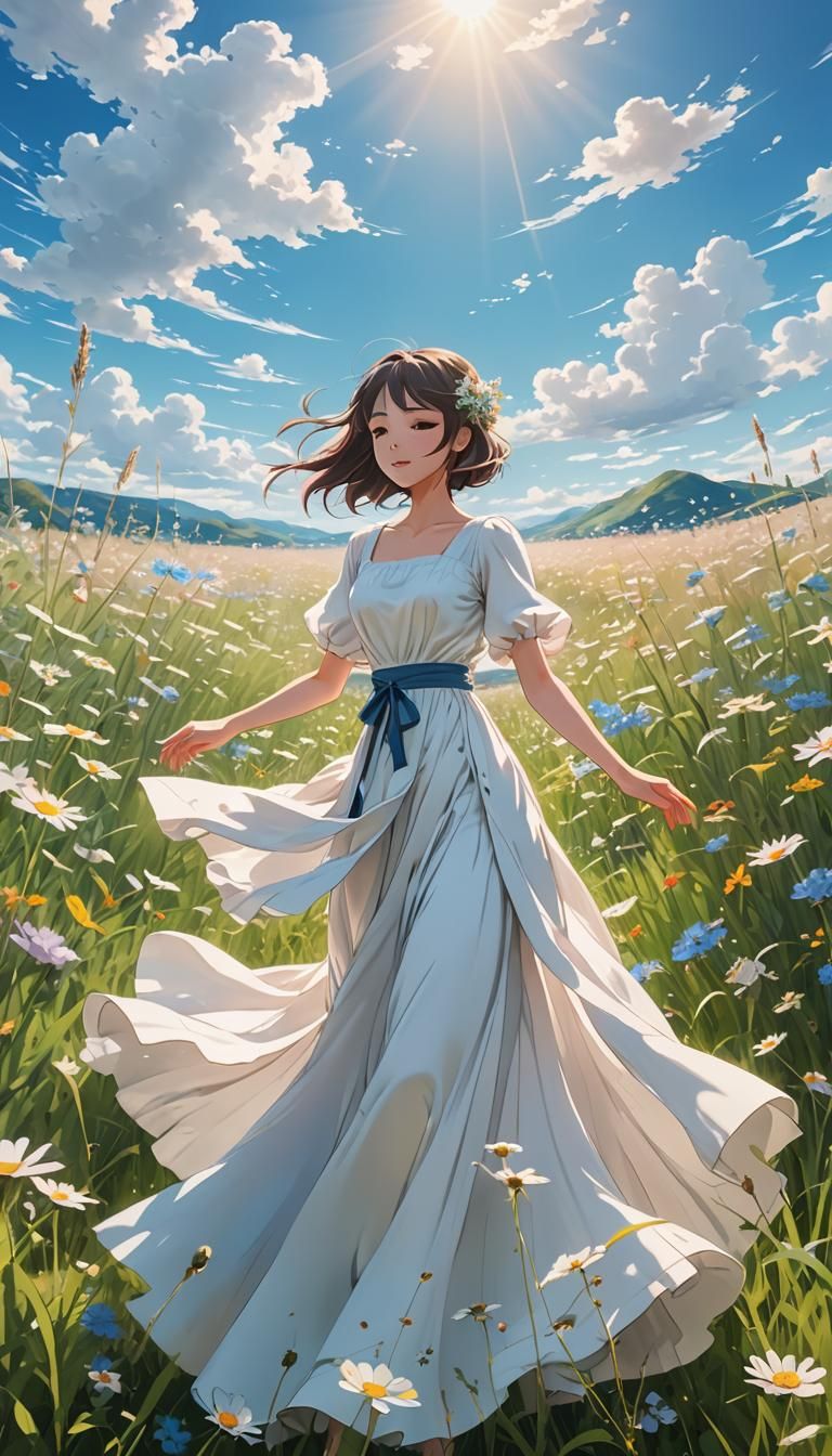 Anime Woman Dancing in a Wildflower Meadow