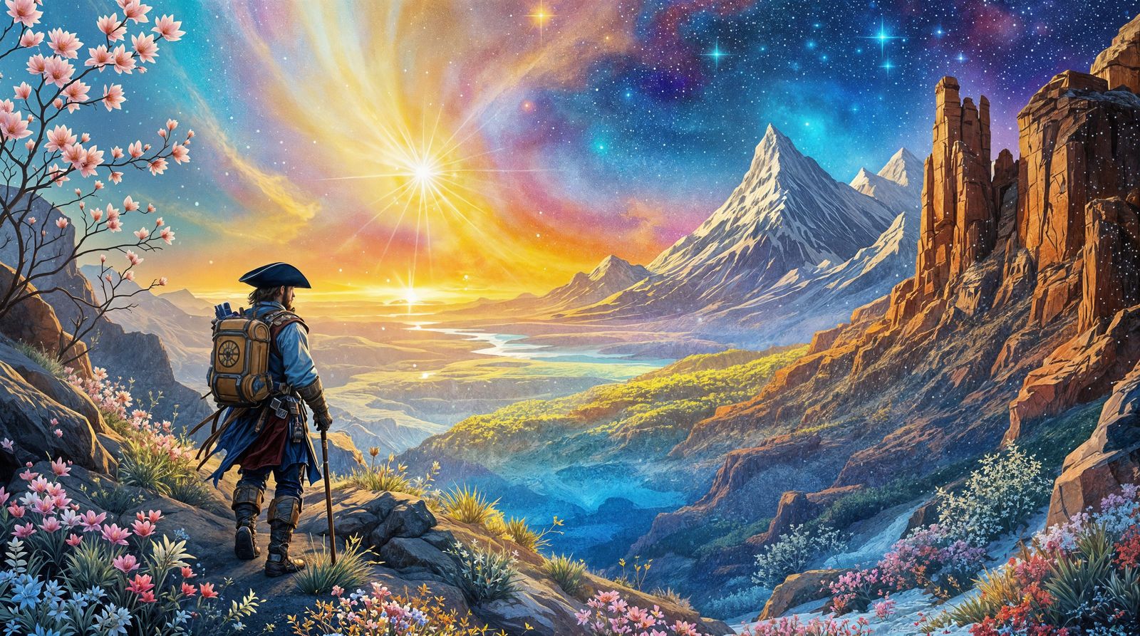 Ethereal Solstice Dreamscape in Holographic Glass Painting