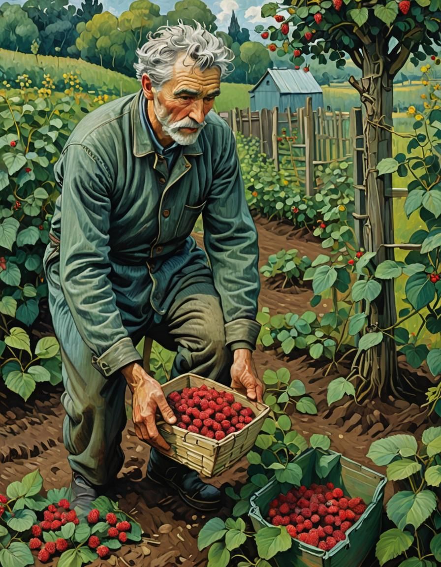 Man Picking Raspberries: Van Gogh Impasto Style