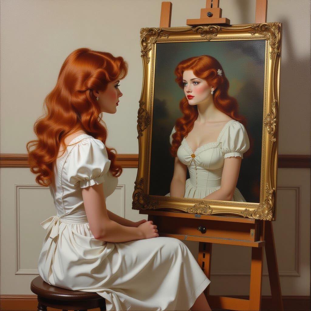 Oil Painting of Woman Gazing at Her Reflection