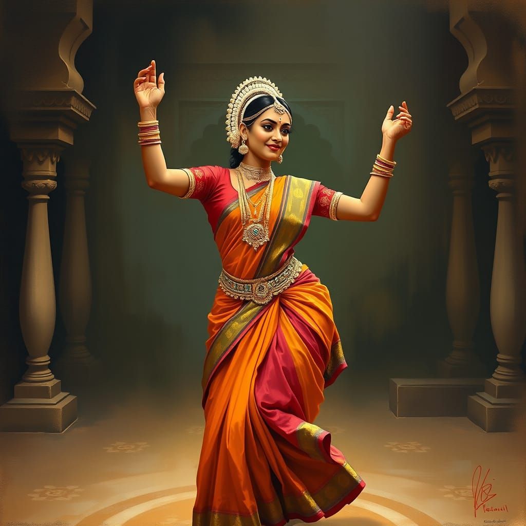 Indian Woman Dancing Bharatnatyam in Traditional Attire