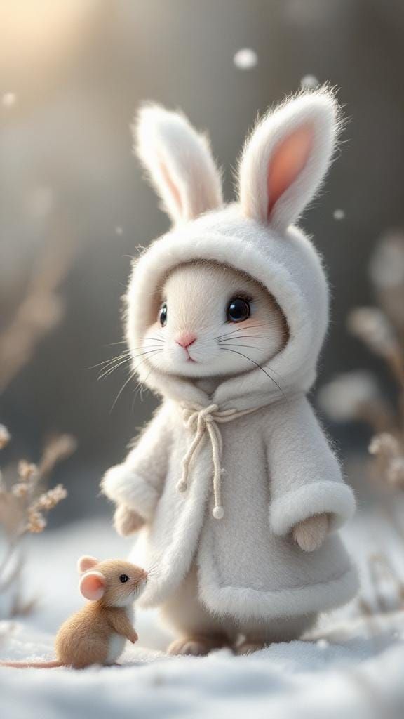 Felted Bunny and Mouse in Winter Scene