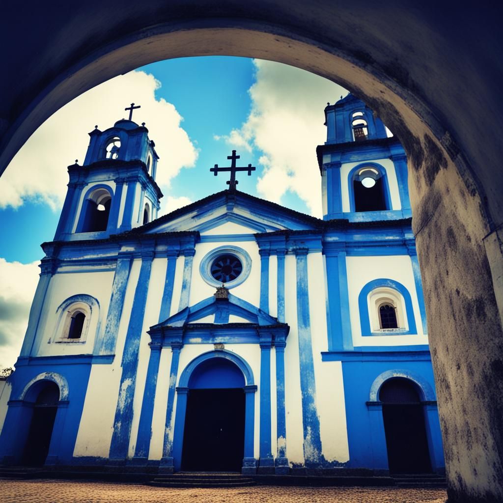 Brazilian Portuguese Church with Bell Towers, Vintage Style