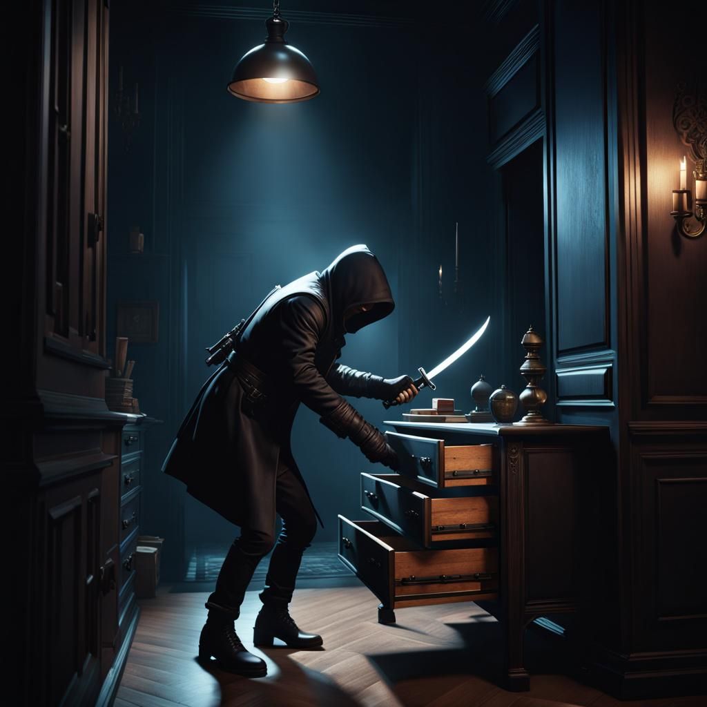 Thief in Dark Room, Detailed Matte Painting