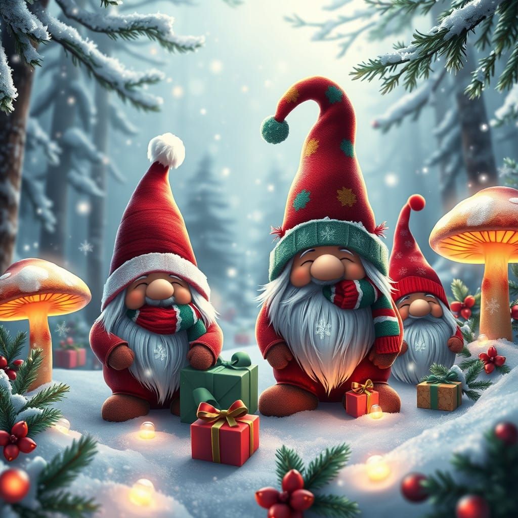 Whimsical Holiday Gnomes Amidst a Winter Wonderland
