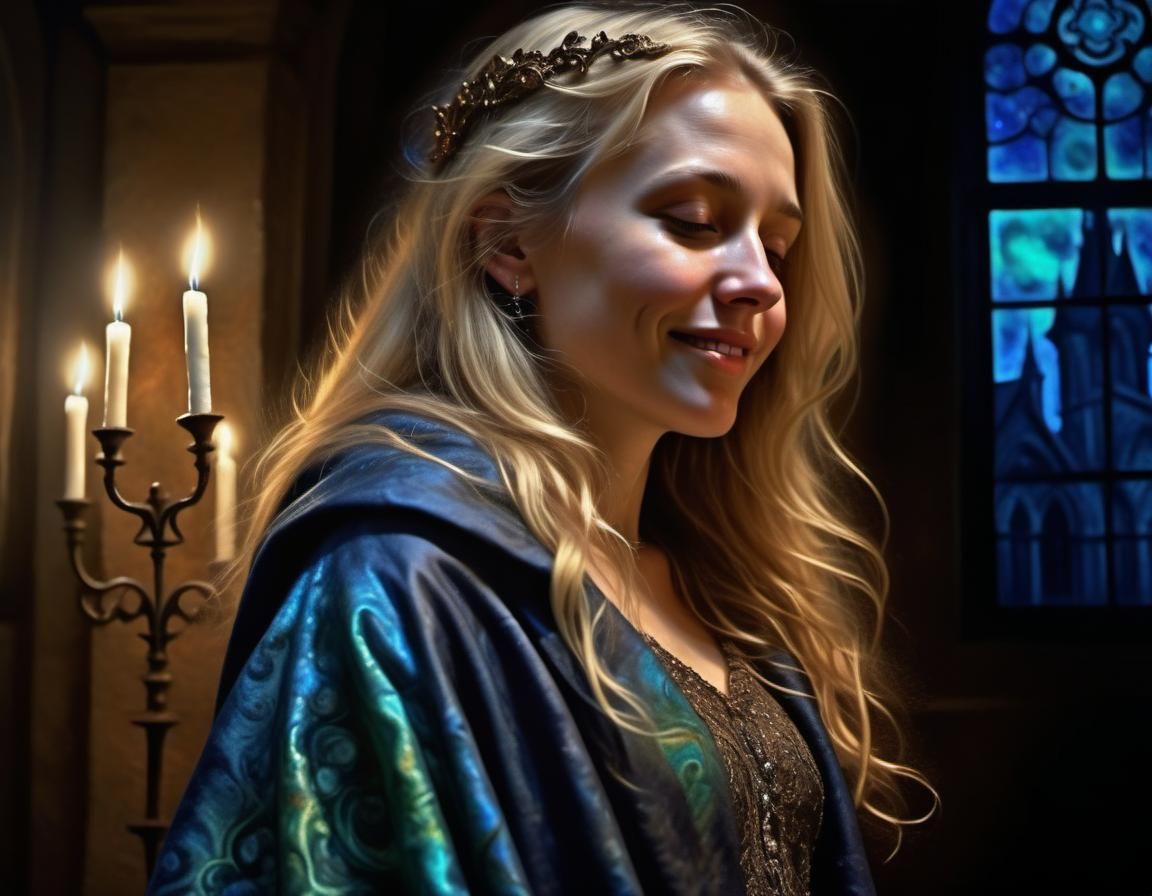 Chiaroscuro Oil Painting: Woman in Chapel with Fractals