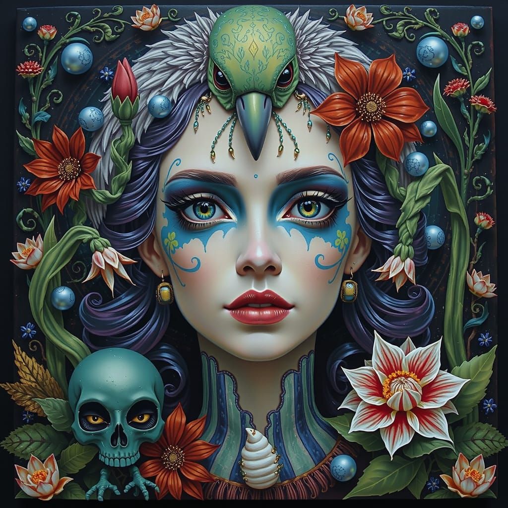 Chimaera of Man and Woman with Teal Hair and Yellow Flower