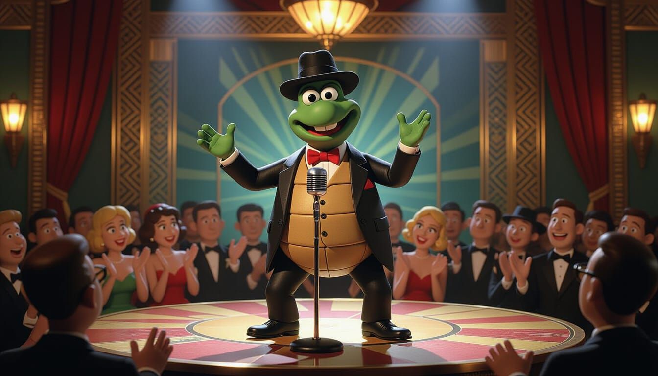 Singing Turtle Performs on Art Deco Stage
