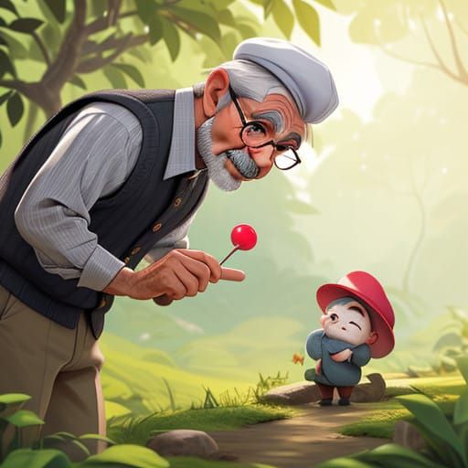A Gentle Elderly Man Gifts a Child a Lollipop in a Vibrant W...