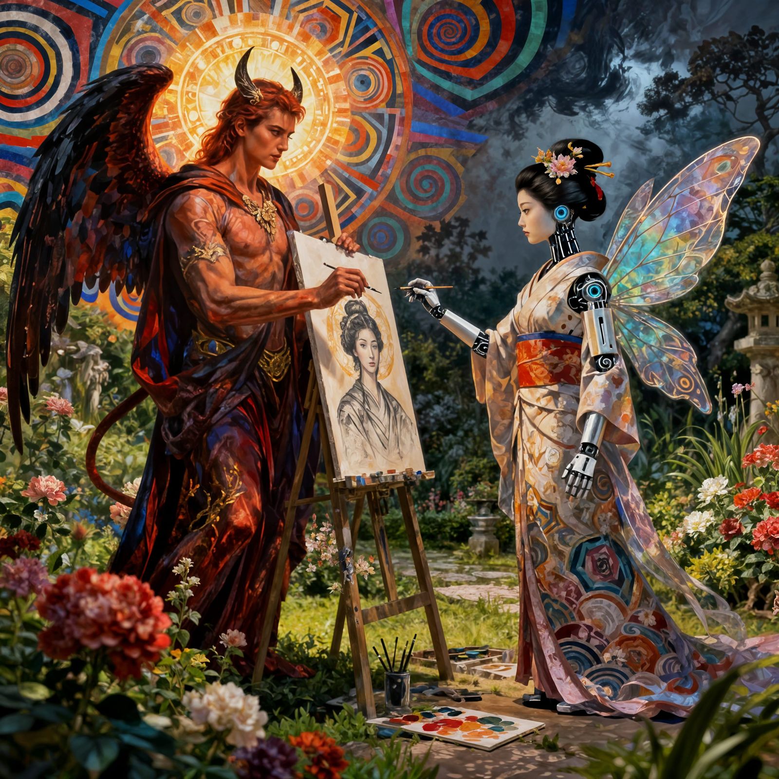Lucifer God of Illusion and Perception in Garden with Geisha...