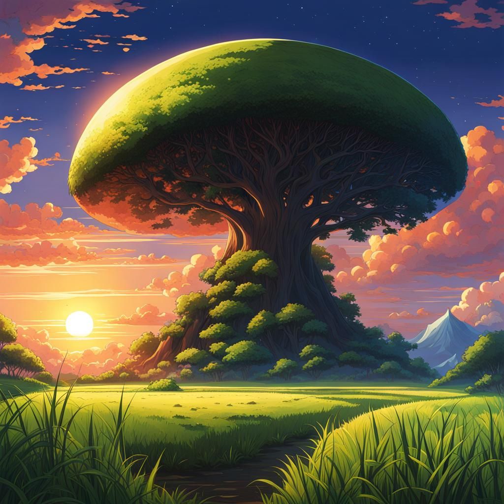Alien Landscape in Anime Style with Sunset