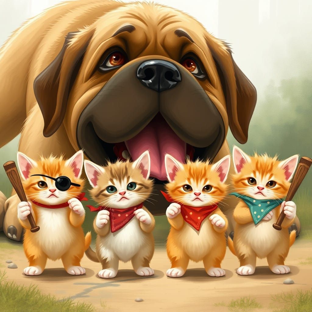 Whimsical Kittens March on Puppy with Playful Intensity
