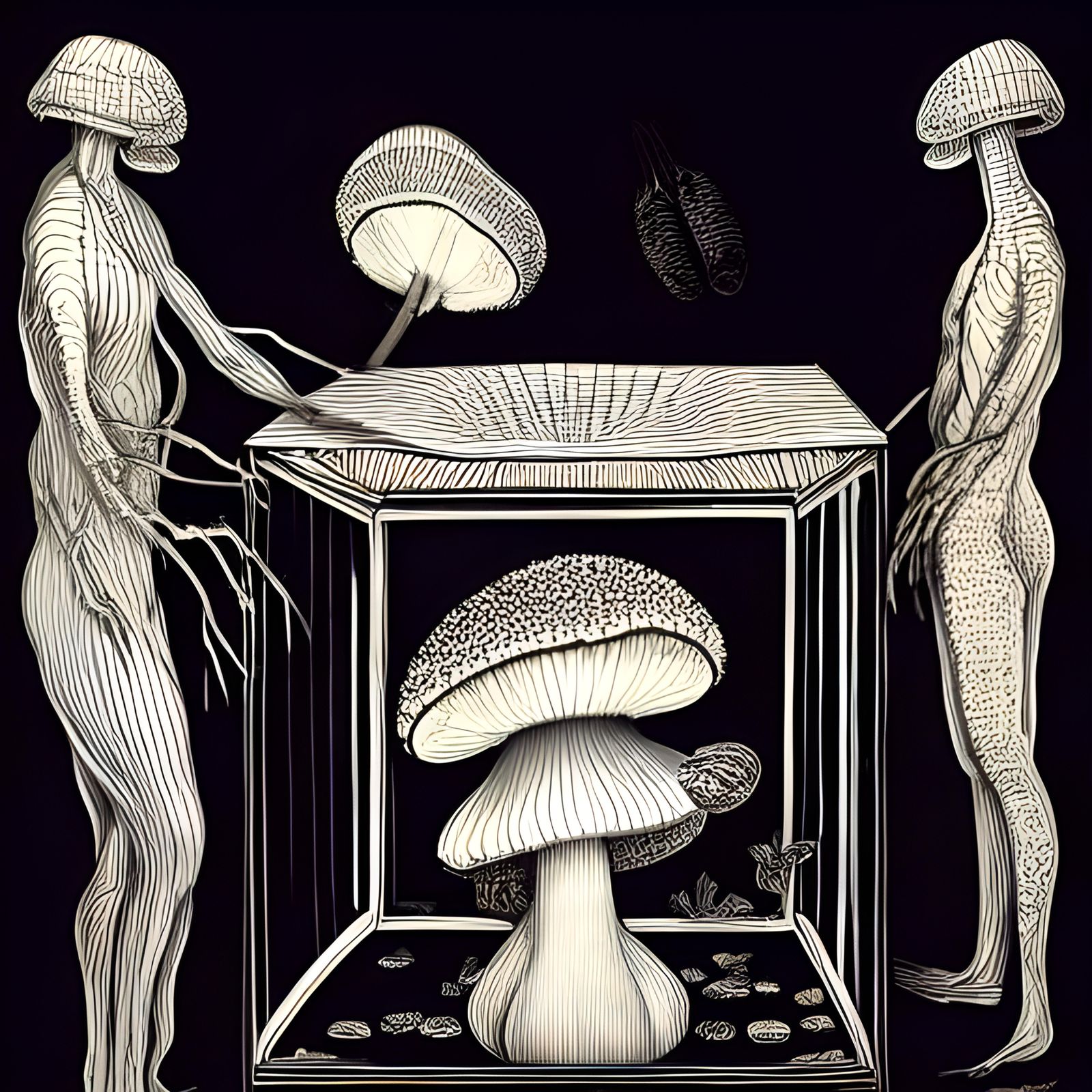 Giant Fly Agaric Mushrooms as Linocut Art