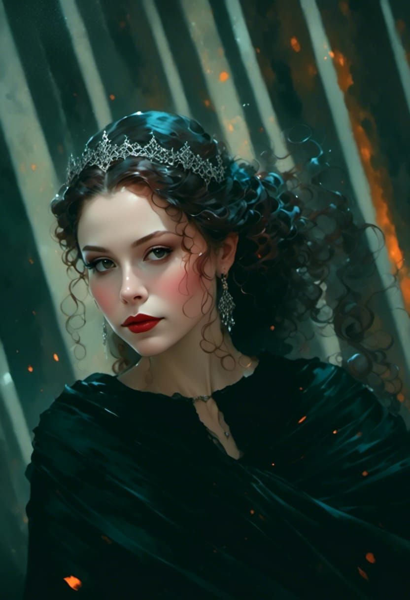 Red-Haired Princess with Lace Veil, Watercolor Style