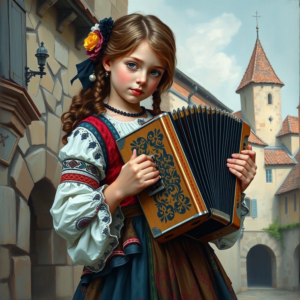 Young Girl Plays Accordion in Medieval Village