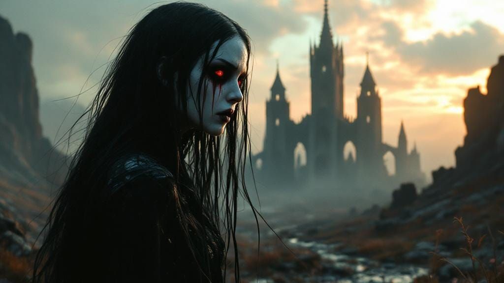 Gothic Banshee Crying Blood in Ruined Cathedral