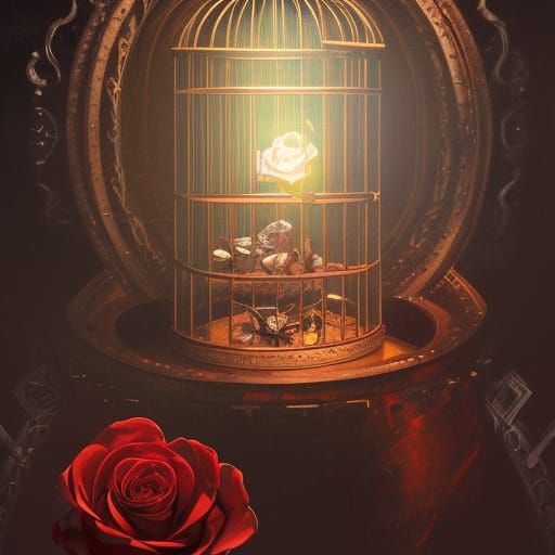 Golden Cage in Red Rose, Fantasy Art