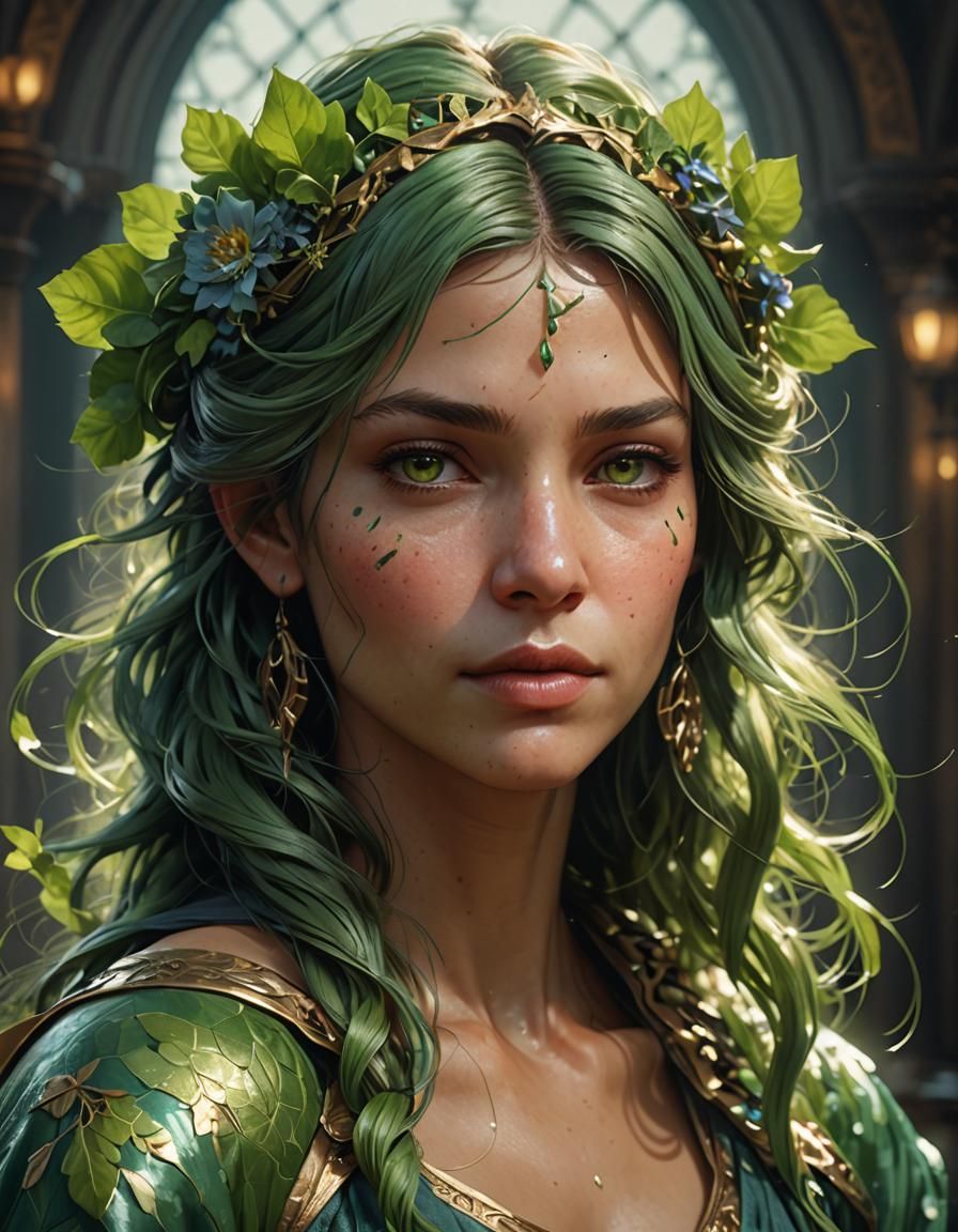 Green Fairy Portrait in Art Nouveau Style