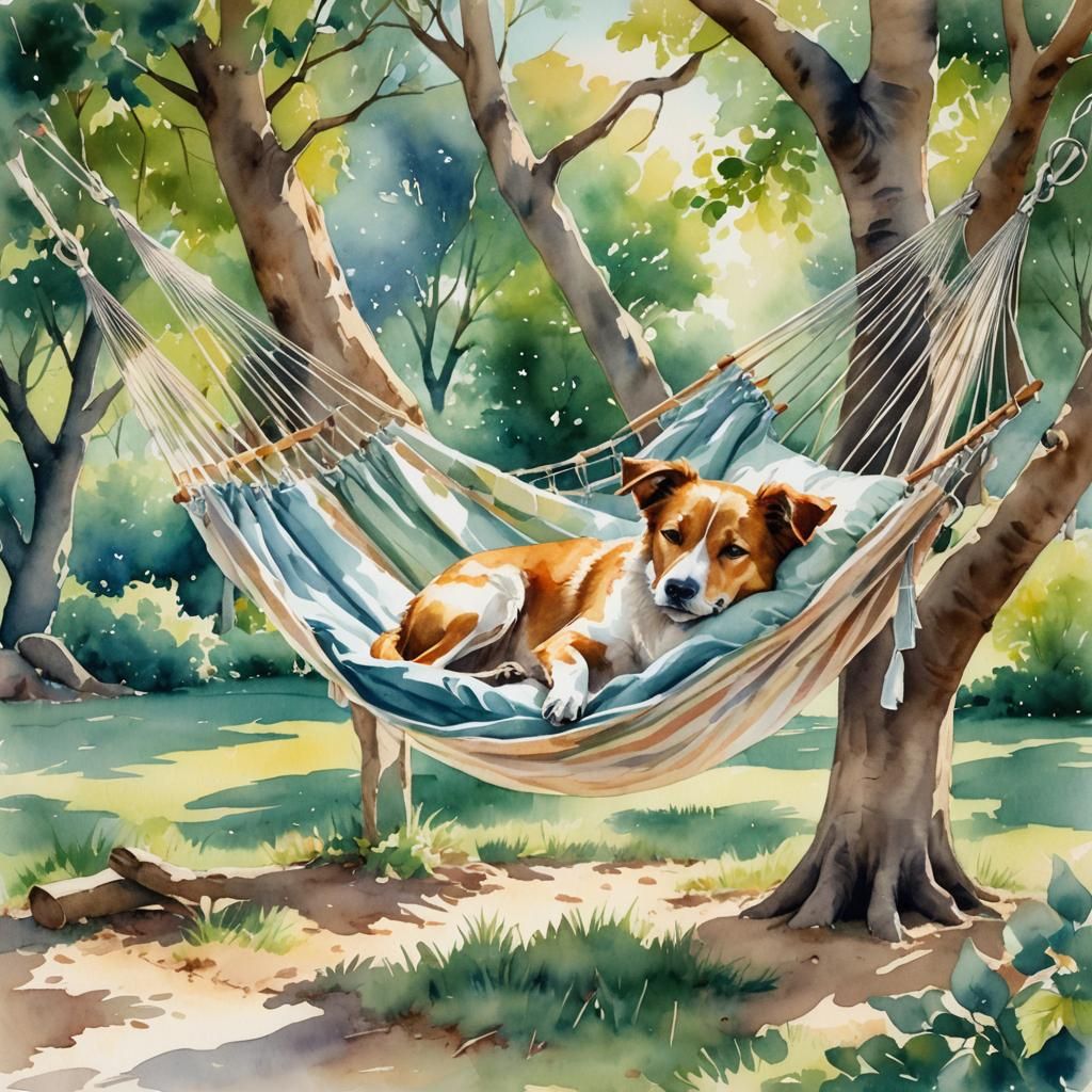 Dog Sleeping in Hammock: Cozy Watercolor Art