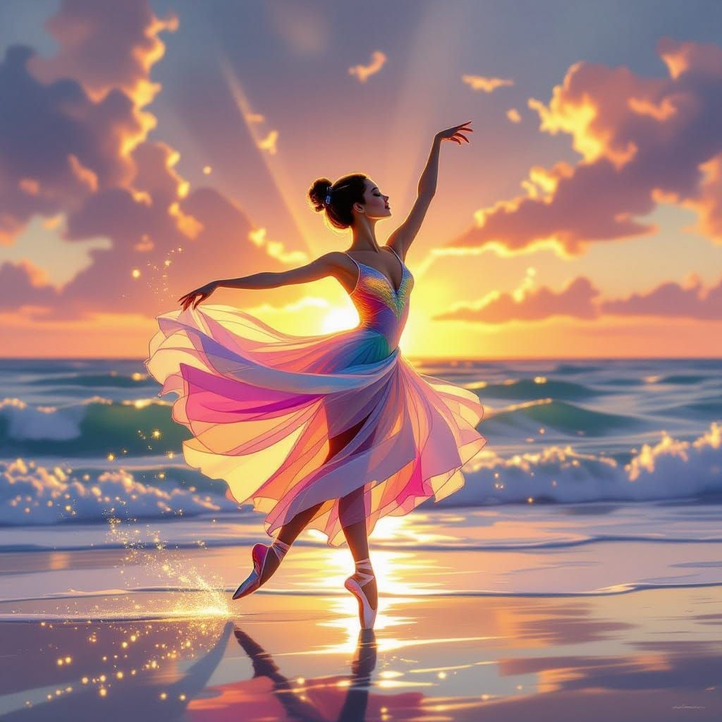 Ballerina Dancing at Sunrise by the Ocean in Fantasy Style