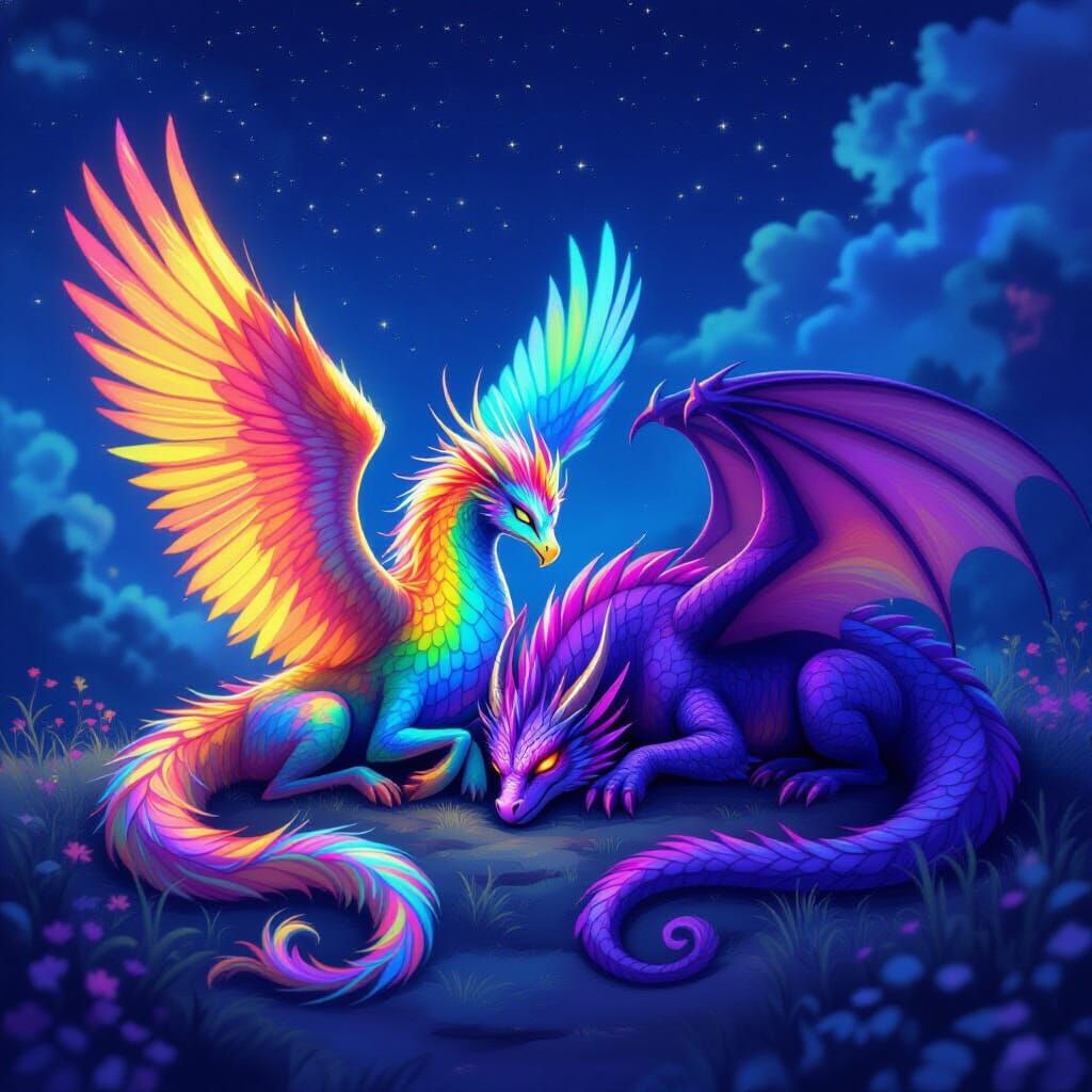 Rainbow Phoenix and Purple Dragon Dreamscape