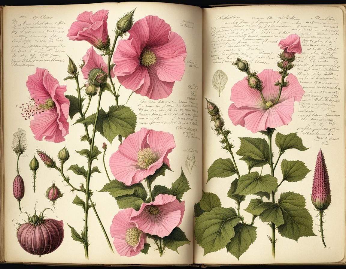 Edwardian Botanical Illustration of a Pink Hollyhock