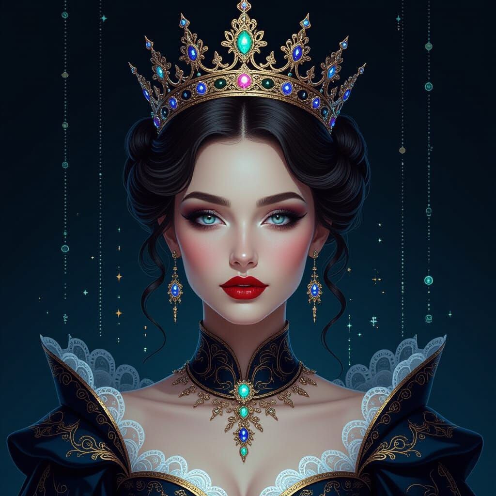 Regal Queen Woven from Code and Hexadecimal Characters