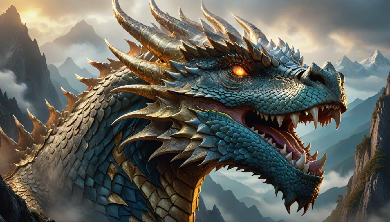 Majestic Dragon Head Rises from Misty Mountains in Golden Ho...