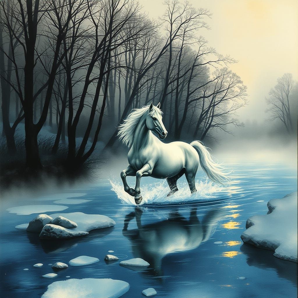 Horse Drinks from Frozen River: Watercolor Painting