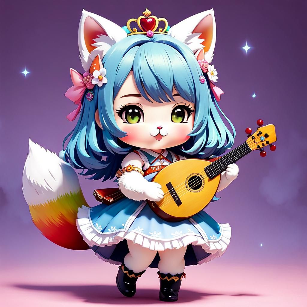 Chibi Girl with Cat, Kawaii Rainbowcore Art