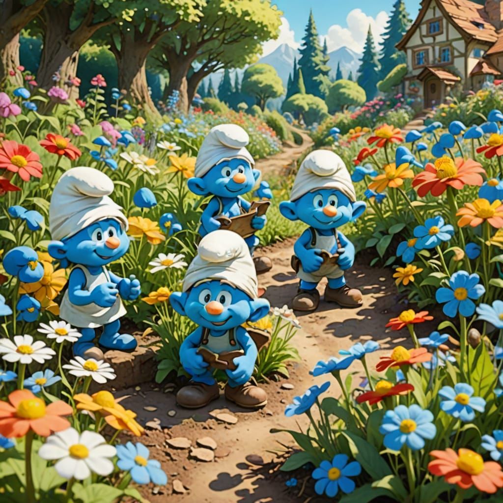 Smurfs in a Flower Garden Watercolor Illustration
