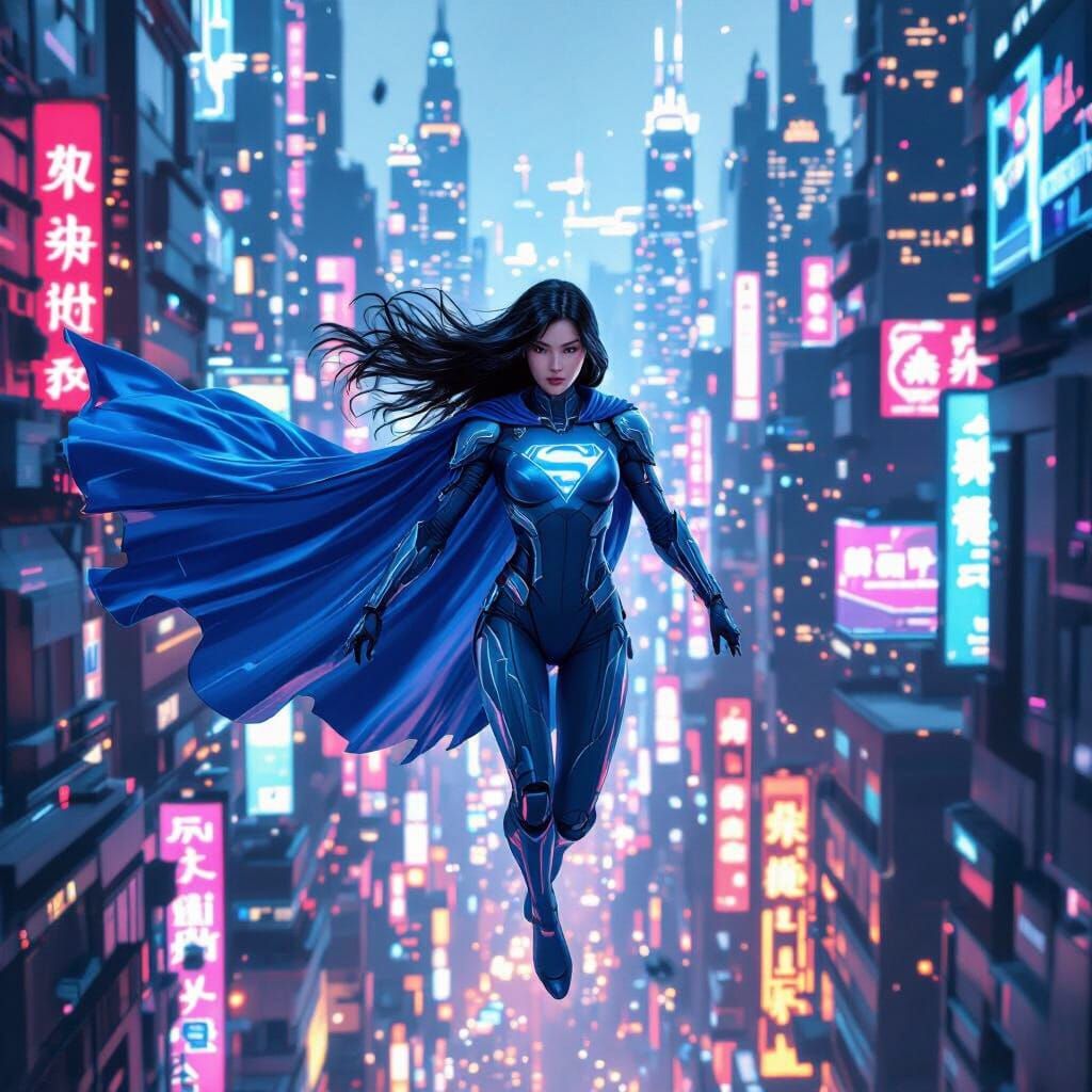 Chinese Superheroine Soars Through Cyberpunk Metropolis