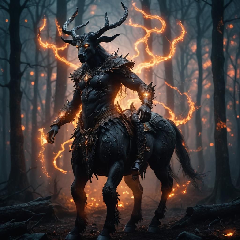 Dark Fantasy Centaur Performing Magic in Eerie Wood