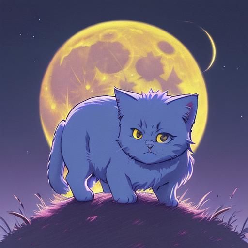 Anime Cat Under October Full Moon